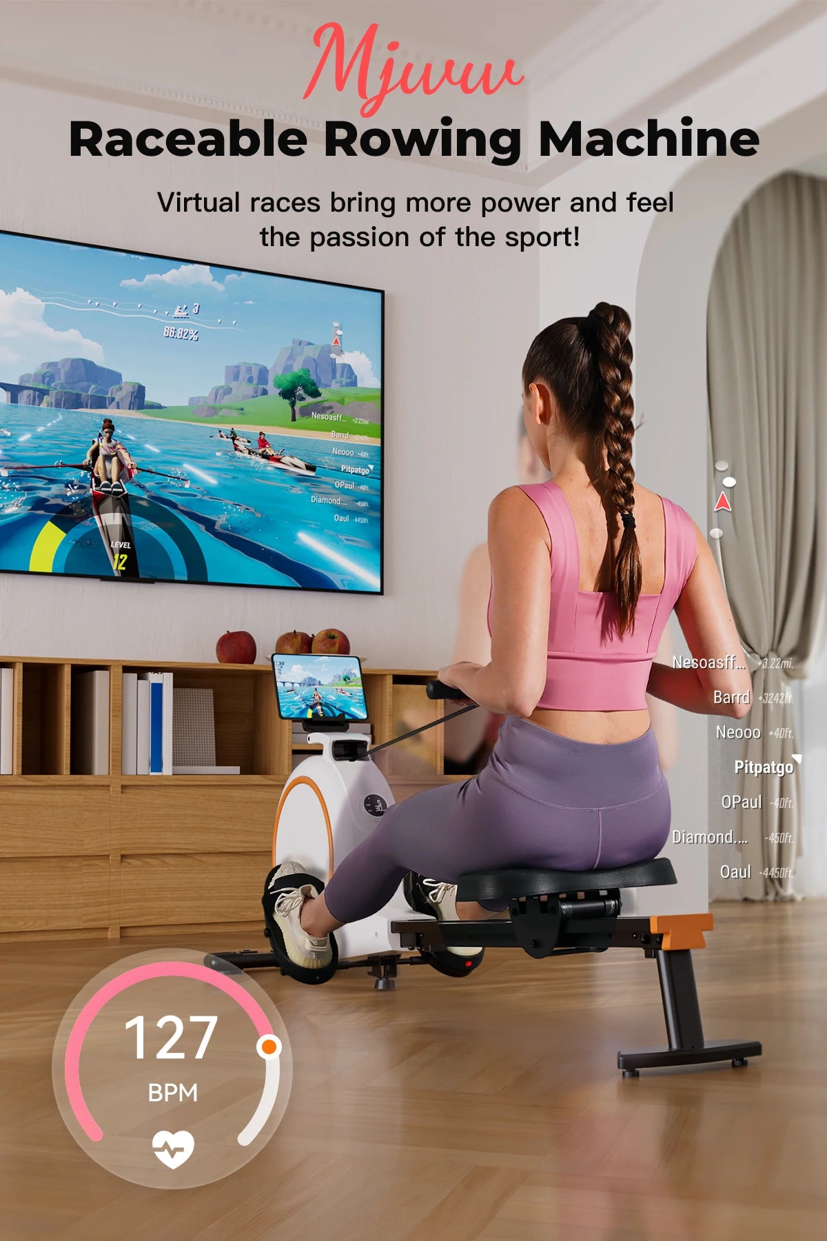 Home Rowing Machine 32Level Adjustable Resistance 300LBS Trainer Row Machine LED Monitor Tablet Holder Bluetooh Fitness Machine